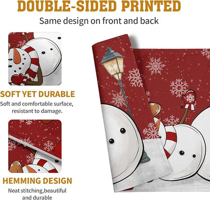 Red Snowman Snowflake Christmas Placemats Set of 4 Seasonal Winter Linen Table Mats 12x18 Inch Xmas Holiday Snow Farmhouse Rustic Washable Place Mat for Party Kitchen Dining Outdoor Indoor Decor