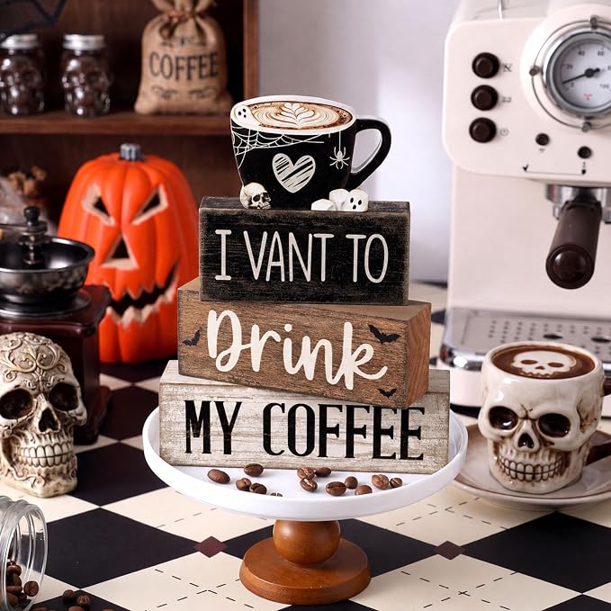 Moucuny 4 Pcs Halloween Table Decorations Spooky Coffee Wooden Stacked Block - Image 4