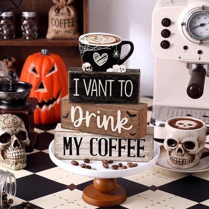 Moucuny 4 Pcs Halloween Table Decorations Spooky Coffee Wooden Stacked Block - Image 4