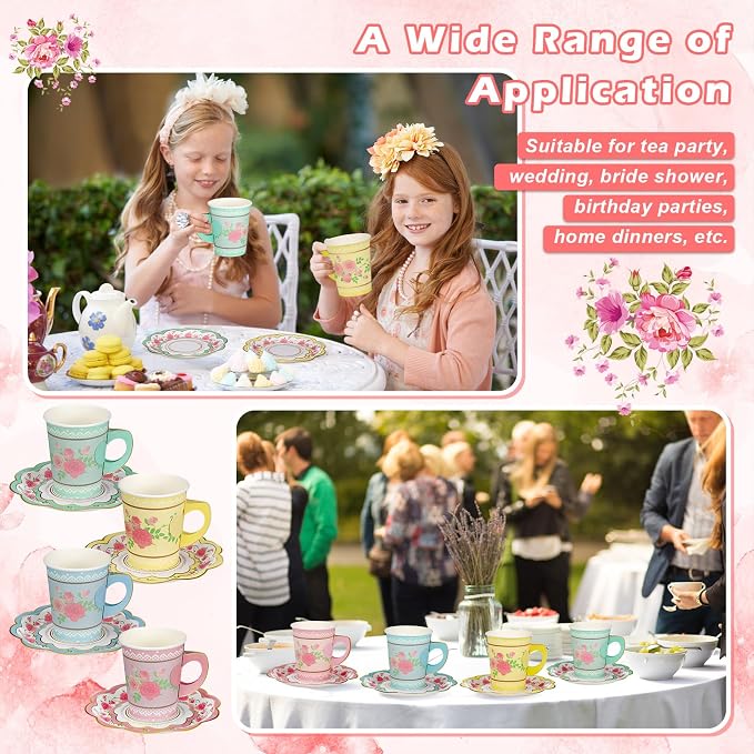FillTouch 48 Sets Floral Paper Tea Cups and Saucers Disposable Paper Tea Party - Image 7