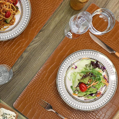 Jovono Faux Leather Placemats Set of 6, Waterproof Heat Resistant Dinner Place Mats for Dining Table, Non-Slip Crocodile Embossed, Brown (17.8x11.8 Inch)