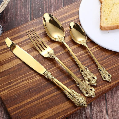 Gold Silverware Set 18/10 Stainless Steel Flatware Sets Palace Style 56 Piece Delicate Cutlery Set for 14 Durable Home Kitchen Wedding Tableware Utensil Include Knifes Teaspoons Forks and Spoons