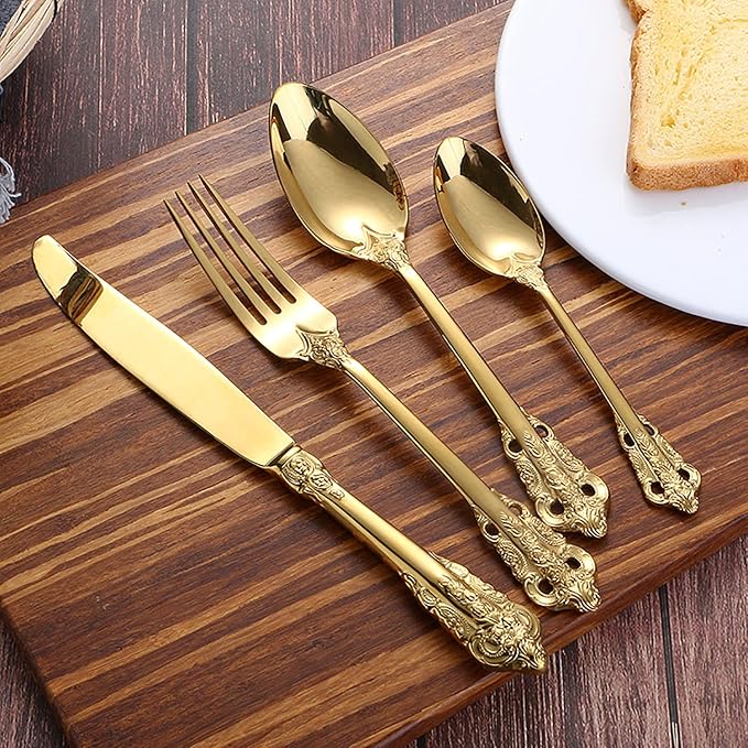 Gold Silverware Set 18/10 Stainless Steel Flatware Sets Palace Style 32 Piece Delicate Cutlery Set for 8 Durable Home Kitchen Wedding Tableware Utensil Include Knifes Teaspoons Forks and Spoons