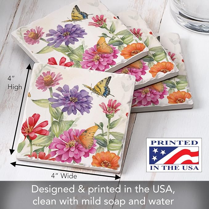 Thirstystone Zinnias & Butterflies 4 Pack Tumbled Tile Stone Coasters | 4" - Image 6