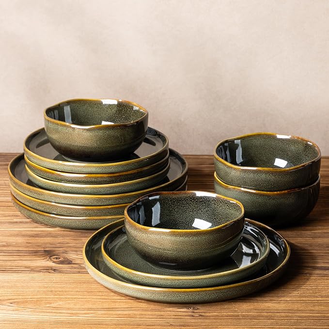 Ceramic Dinnerware Set for 4, 12-Piece Plates and Bowls Set | Handmade Reactive - Image 5