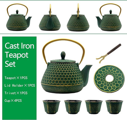 YJX Cast Iron Teapot and Cups Set, 33.8oz Hexagon Pattern Tea Pot Enameled - Image 5