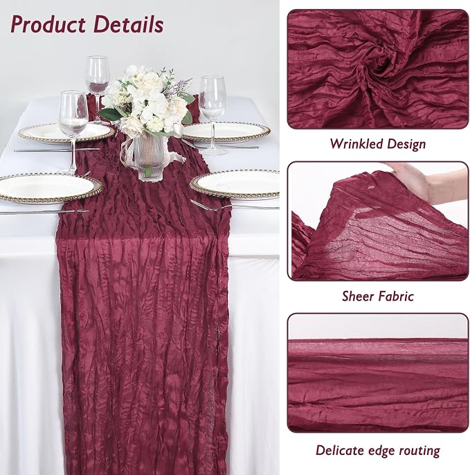 3 Pack Burgundy Red Cheesecloth Table Runner 120 Inch Boho Wedding Decor | - Image 3