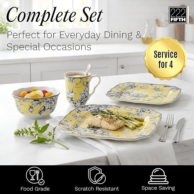 222 Fifth Adelaide Yellow 16-Piece Floral Porcelain Dinnerware Set | Microwave - Image 4