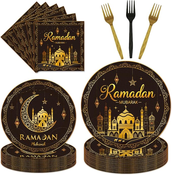 EUOYUFO 96Pcs Ramadan Party Tableware Set Eid Ramadan Mubarak Paper Plates by EUOYUFO