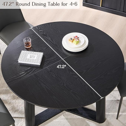OKD 47" Dining Table for 4-6, Round Dining Room Table with Triangular Structure Pedestal Stable Base, Curved Table Edge, Circle Kitchen Tables for Dining Room, Kitchen, Black Oak