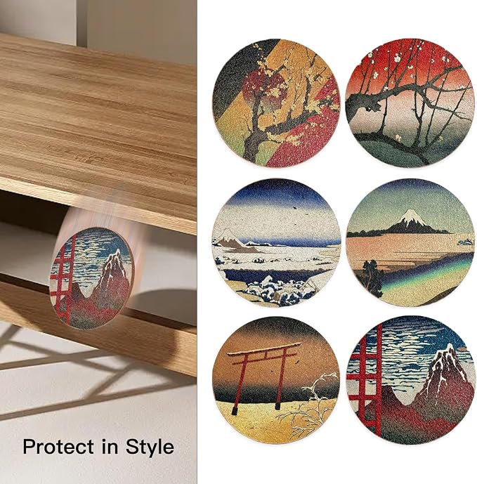 Cork Coasters for Drinks Absorbent Non Slip 12pcs 4 Inch Ukiyo-e | Japanese - Image 4