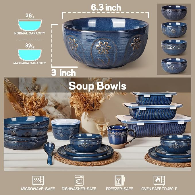 Soup Bowls 32 OZ, Cereal Bowls Set of 4, Embossment Ceramic Ramen Bowl - Image 2