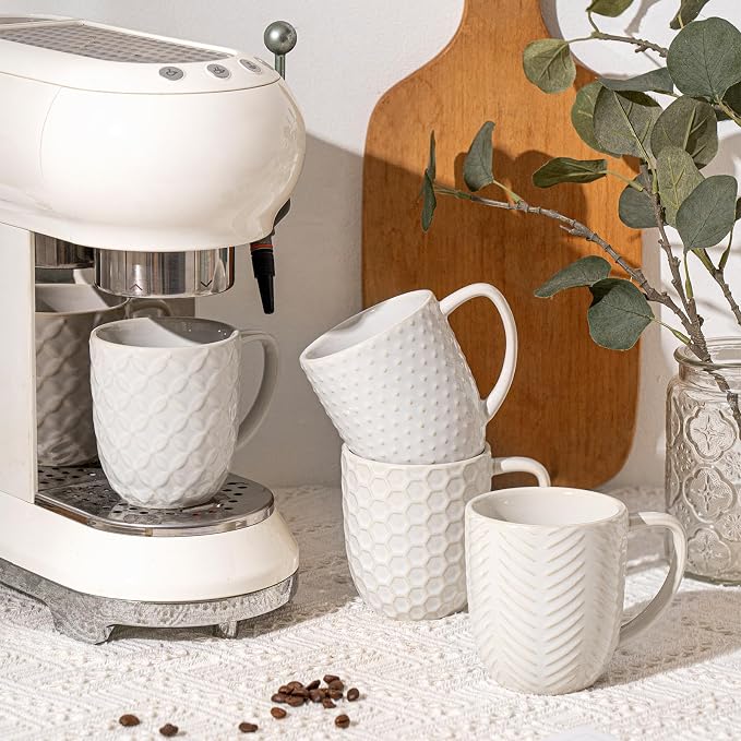 FOBENTA Ceramic Coffee Mugs Set of 4, 12oz Embossed Cups by FOBENTA