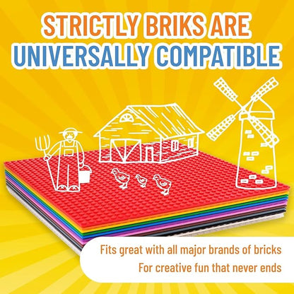 Strictly Briks Stackable Baseplates - 12 Pack 10"x10", 32x32 Studs, Compatible with Lego for Building City Scenes, Foundation, Displays Bricks on Play Table, Kids Easter Gift, Rainbow