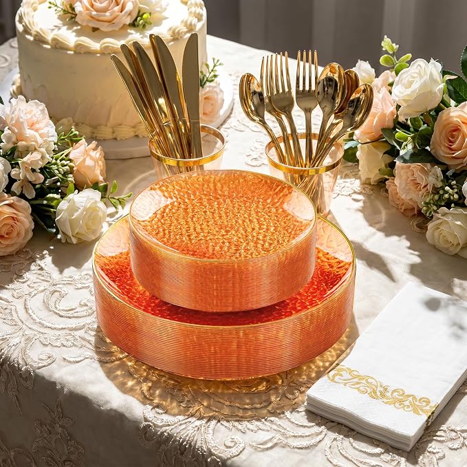 Rubtlamp 175 Pcs Plastic Dinnerware Set, Hammered Party Plates Set Include - Image 4