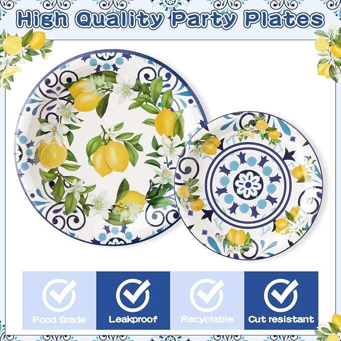 96Pcs Capri Lemon Blue Tiles Yellow Lemon Summer Citrus Fruit Party Plates - Image 3