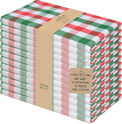 Urban Villa Cloth Napkins Set of 12 20x20 Inches 100% Cotton Napkins Cloth Washable Durable Reusable Absorbent Table Dinner Napkins Cloth for Christmas Hotel Lunch Restaurant Parties -X MAS Checks