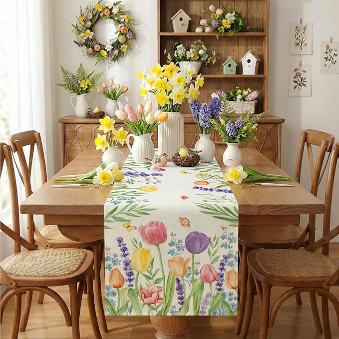 Spring Floral Table Runner Decorations, Tulip and Lavender Farmhouse Table Scarf - Image 2