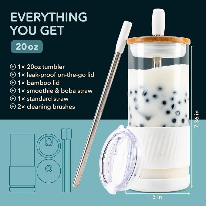 Pandaloo® Glass Cups With Lids and Straws -20 Fl Oz- Perfect Size Iced Coffee - Image 2