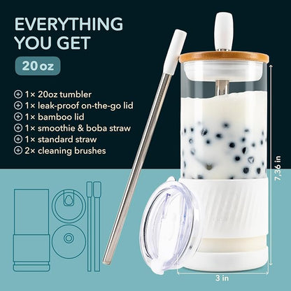 Pandaloo® Glass Cups With Lids and Straws -20 Fl Oz- Perfect Size Iced Coffee - Image 2