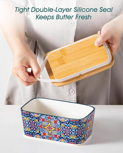 vancasso SIMI Butter Dish with Lid, 6.5" Large Butter Dish for Countertop, Bohemian Ceramic Butter Keeper Container with Knife and Bamboo Lid, Butter Holder for Counter, Twilight Bloom