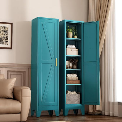 Narrow Metal Cabinet with 4 Adjustable Shelves and Barn Doors,Tall Bathroom Storage Cabinet, Metal Pantry Organizer for Kitchen,Home Office, Dining Room,Blue