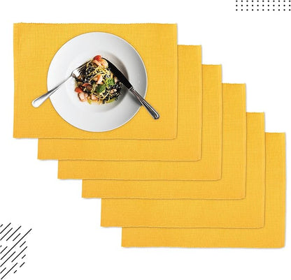 Encasa XO Dining Placemat Set of 6 | Yellow Color | Fine Ribbed Cotton Table mat | Size 19x13 in | Machine Washable