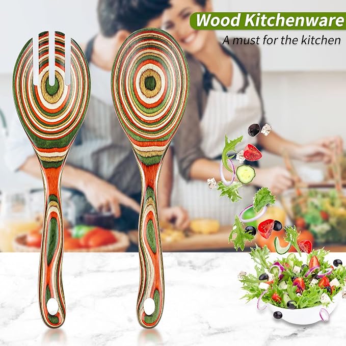 Salad Tongs, Pakkawood Wooden Spoons, Mixing Dinner Fork and Spoon | 10.5in - Image 8