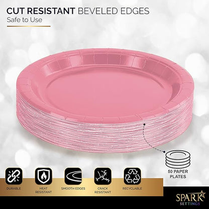 Disposable Paper Plates Pink, 7 Inch Paper Dessert Plates, Strong and Sturdy Disposable Plate for Party, Dinner, Holiday, Picnic, or Travel Party Plate, Pack of 50