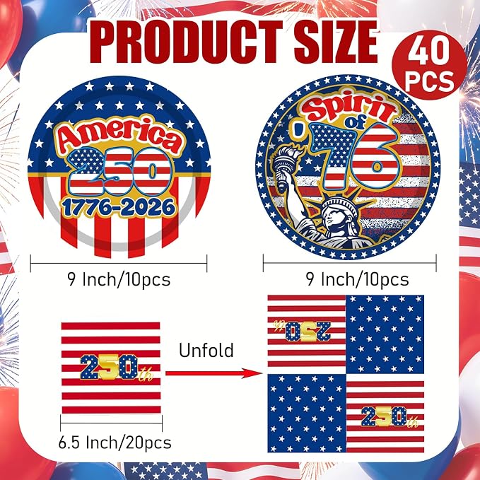 40Pcs Patriotic 4th of July Paper Plates and Napkins Set, 9 Inch Disposable - Image 2