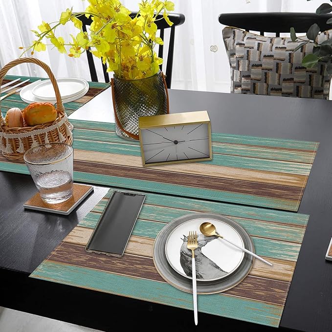 Table Runner and Placemats Set of 6, Farmhouse Teal | Blue Board Painting Art - Image 6