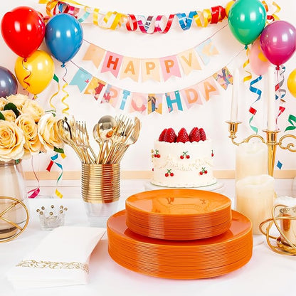MirthMood 210PCS Orange Plastic Plates,Orange plastic Dinner Plates– Plastic Plates Set Includes 30 Dinner,30 Dessert Plate,30 Cup&50 Napkins, 30 Silverware for Wedding & Birthday Parties