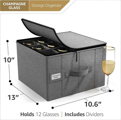 Sorbus China Storage Containers – Dinnerware Organizer for Champagne Flute Glasses with Lid (Holds Service for 12) with Felt Protectors – 13" x 10" x 10.6"