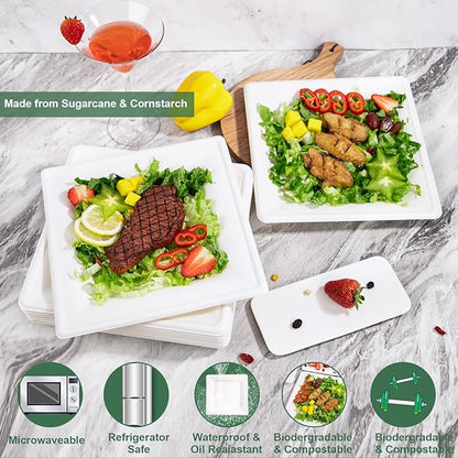 SUT 10-Inch Compostable Paper Plates, 100 PCS Square Biodegradable Bagasse Plates, Heavy-Duty Microwaveable Plates, Eco-Friendly Natural Disposable Plates, Made of Sugarcane Fibers, for Party, Picnic