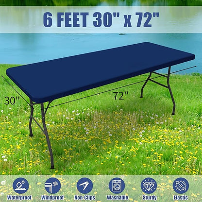 Spandex 6 Foot Rectangle Table Cloth 2 Pack, Elastic Fitted Tablecloths for Picnic, Stretch Washable Patio Table Cover for Outdoor, Camping, Banquet and Parties (Navy, 36"x72")