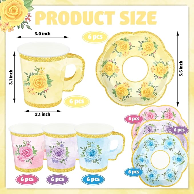 24 Sets Floral Paper Tea Cups and Saucers Disposable Tea Party Supplies - Image 2