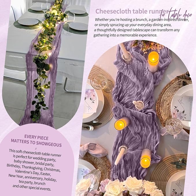 Showgeous 2 Pack Purple Cheesecloth Table Runners Boho Wedding Decor | Rustic - Image 8