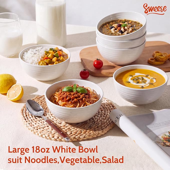 Sweese Ceramic Bowls Set of 6, 18 Oz Texture Ribbed Bowls, Wide Rim Stackable - Image 3