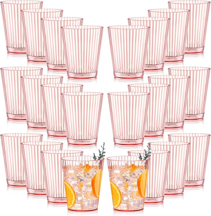 24 PCS Plastic Ribbed Drinking Glasses Pink 10oz Vintage Ripple Stemless Wine by SHIQIKEJIPTY
