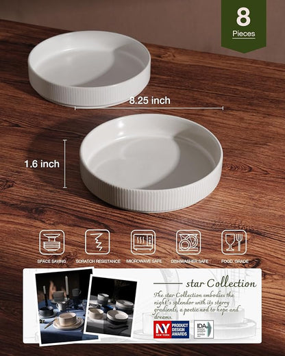 famiware Star 8.25" Pasta Bowls Set of 8, Bowl Plates, Matte White | Microwave - Image 7