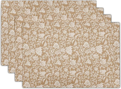 Block Print Placemats - Vintage Floral Place Mats Set of 4 Rustic Brown Beige Tablemats 12x18 for Party Kitchen Dining