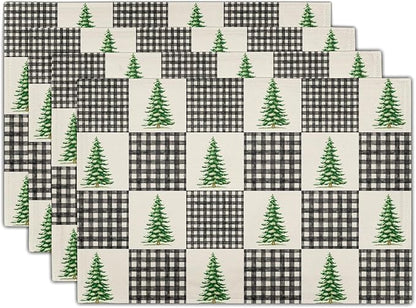 Winter Placemats Set of 4 - Black White Buffalo Plaid Tablemats 12 x 18 mas Tree Place Mats Set for Kitchen Dining Table