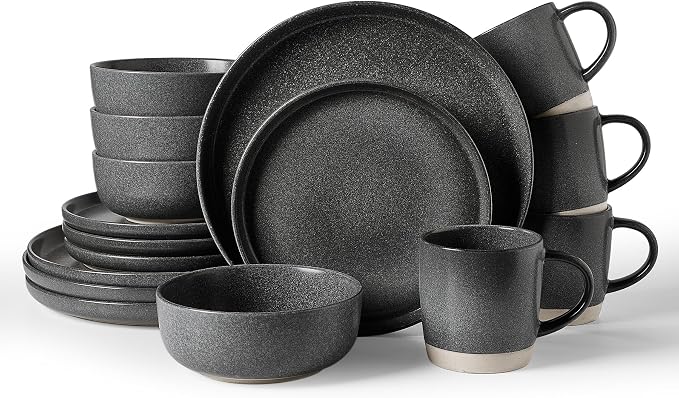 Famiware Milkyway 16-Piece Stoneware Plates and Bowls, Matte Dark Charcoal | by Famiware