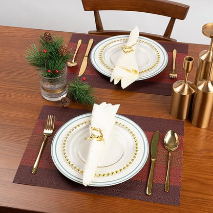 Winknowl Placemats Set of 8, Washable Vinyl Woven Placemats, Heat Resistant & Wipeable Table Mats for Kitchen Dining Table (Red)
