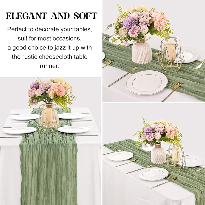 6 Pieces Sage Green 10FT Cheesecloth Table Runner Boho Gauze Fabric Table - Image 3