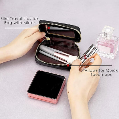 Lipstick Holder with Mirror for Purse, Genuine Leather Makeup Case, Compact Zippered Travel Cosmetic Organizer, Black