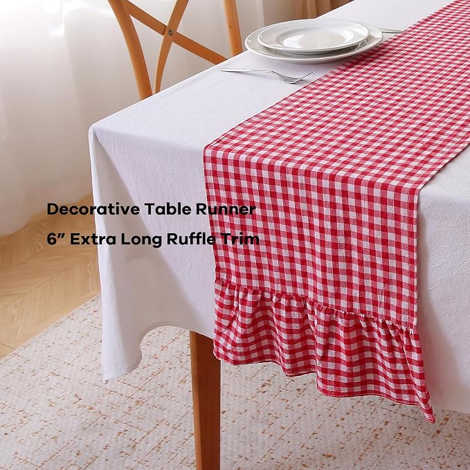 Red White Plaid Gingham Ruffle Table Runner 90 inches Long 100% Washed Cotton - Image 3