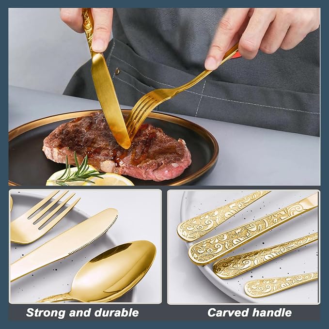 Runfly Vintage Carved Gold Stainless Steel 20-Piece Flatware Set | Silverware - Image 5