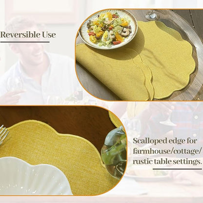 AHHFSMEI Round Faux Linen Placemats Set of 6 Waterproof Table Mats Heat Resistant Non-Slip and Stain Proof for Kitchen Dining Elegant Decor(Yellow,6)