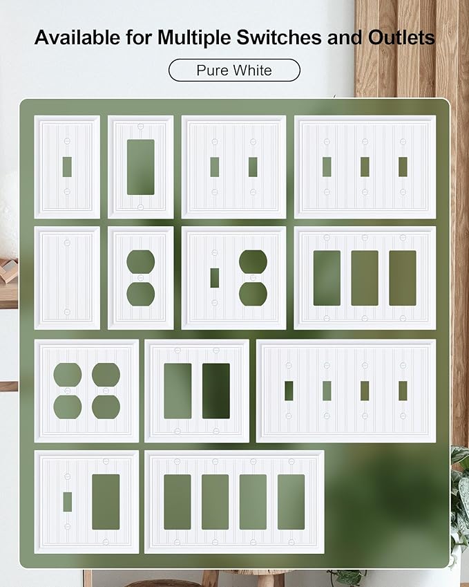 6-Pack Classic Beadboard Duplex Outlet Cover Plate, Decorative Switch Plates and Outlet Covers, Natural Bamboo Fiber Wall Plates for Electrical Outlets, 1 Gang Receptacle Cover,Pure White